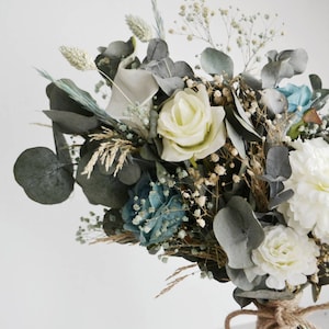 White Blue Rose Wedding Bouquet l Dried Eucalyptus Bouquet l Dried Flower Boutonniere l Boho Wedding Decor l Dried Flowers Bridal Bouquet