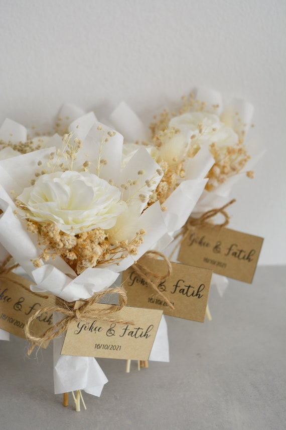 Dried Mini Bouquet White Rose  Personalized Wedding Favors For