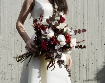 Burgundy Bridal Bouquet | Rustic Boho Wedding Bouquet | Dried Flower Bridesmaid Bouquet | Preserved Flowers Dark Color, Bordeaux, Red, White