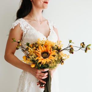 Sunflower Bridal Bouquet | Free Form and Asymmetrical Wedding Trend Bouquet | Handmade Design Wedding Bouquet | Artificial Wedding Flowers