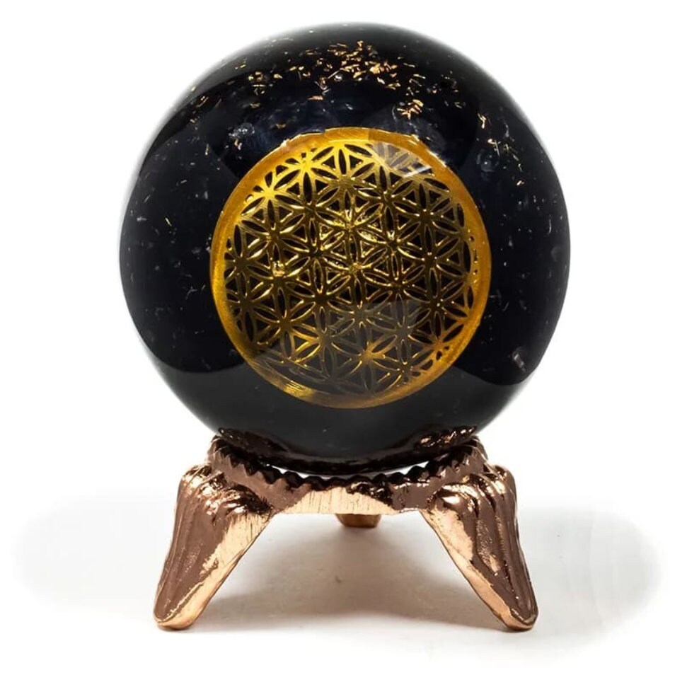 Sphère d'orgonite Tourmaline et Fleur de Vie avec Support Doré