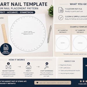Puede incluir: Una plantilla digital de clavos para arte con hilo con un patrón de colocación personalizado. La plantilla circular blanca incluye marcas precisas para las posiciones de los clavos, la circunferencia y el diámetro. Incluye instrucciones.