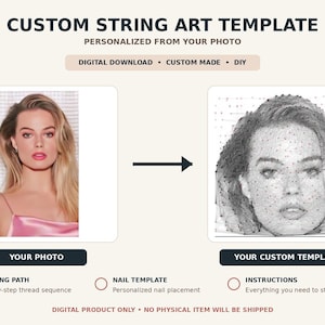 Könnte beinhalten: Eine digitale Vorlage für String Art mit einem Farbfoto einer Person auf der linken Seite und einem entsprechenden schwarz-weißen Punktmuster für die Nagelplatzierung auf der rechten Seite. Der Text umfasst CUSTOM STRING ART TEMPLATE, YOUR PHOTO, YOUR CUSTOM TEMPLATE, WINDING PATH, NAIL TEMPLATE und INSTRUCTIONS.
