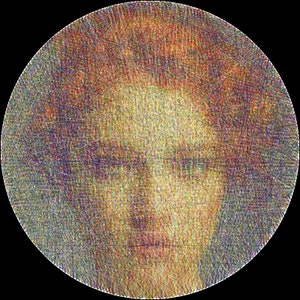 May include: A close-up of a colourful, abstract portrait of a person. The portrait is made up of many small, thin lines of different colours, creating a textured effect.
