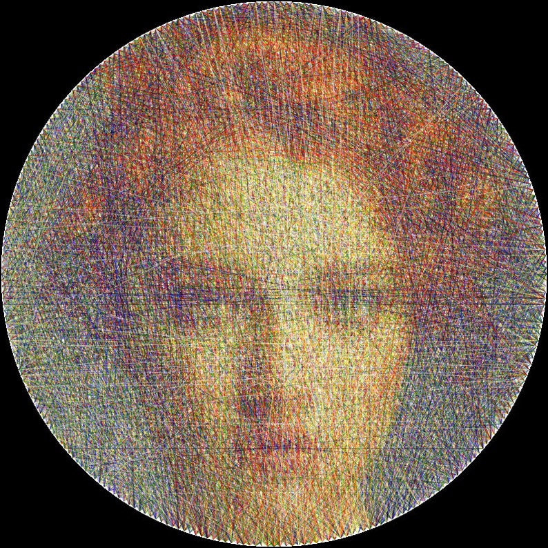May include: A close-up of a colourful, abstract portrait of a person. The portrait is made up of many small, thin lines of different colours, creating a textured effect.