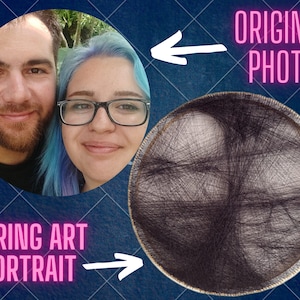 May include: A string art portrait of a couple. The portrait is made with black string wrapped around nails hammered into a circular wooden board. The original photo of the couple is shown in the background.