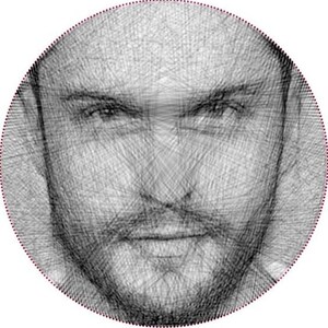 May include: A black and white line art drawing of a man's face. The drawing is made up of many thin lines that create a detailed and realistic portrait.