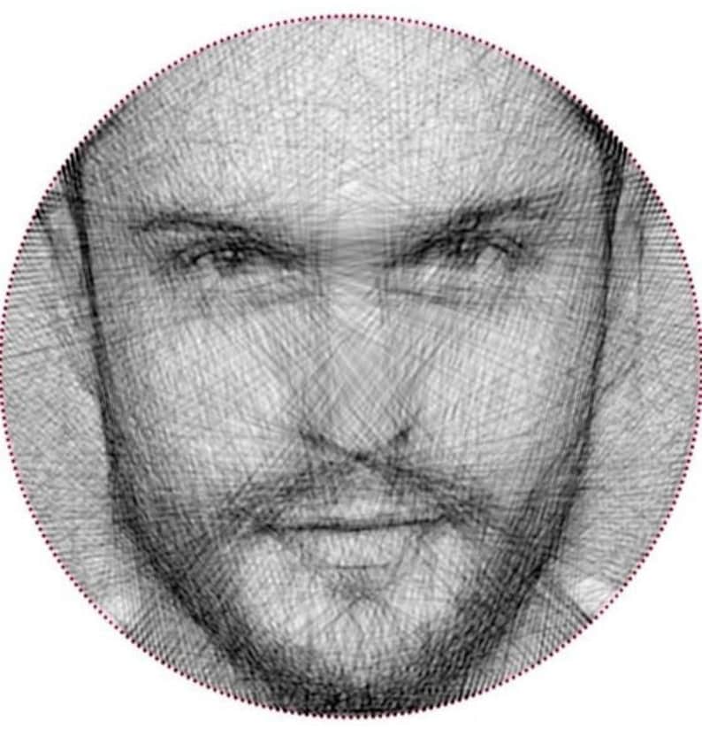 May include: A black and white line art drawing of a man's face. The drawing is made up of many thin lines that create a detailed and realistic portrait.