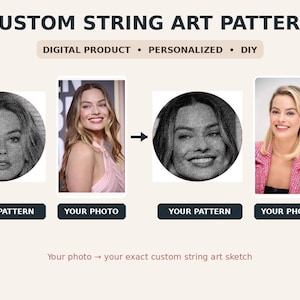 以下が含まれることがあります： CUSTOM STRING ART PATTERN、DIGITAL PRODUCT、PERSONALIZED、DIYというテキストが記載されたデジタルストリングアートパターンガイド。人物のカラー写真3組と、それに対応する円形の白黒ストリングアートスケッチが表示されています。