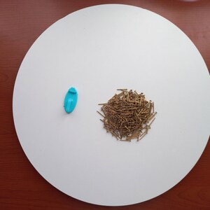 May include: A white circular surface with a blue plastic hook and a pile of gold-coloured nails.
