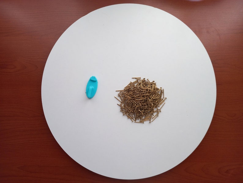 May include: A white circular surface with a blue plastic hook and a pile of gold-coloured nails.