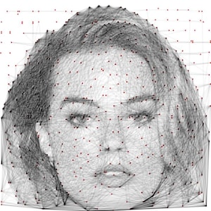 May include: A digital art portrait of a person's face, rendered in a network of interconnected lines and red dots. The grayscale image depicts the facial features with a focus on the eyes, nose, and lips, creating a modern, abstract aesthetic.