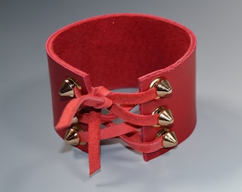 Red Leather Studded Cuff Bracelet