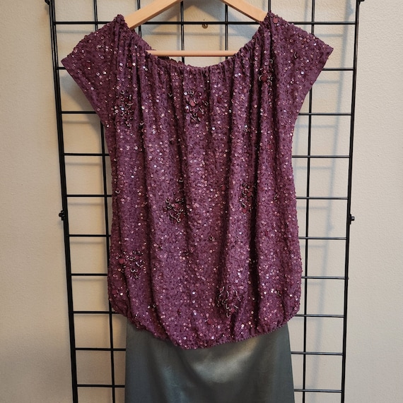 Purple Sequined, Beaded Silk Habotai Top