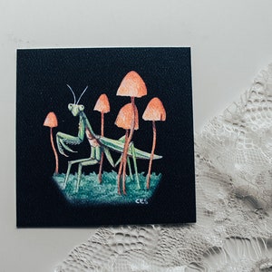 Könnte beinhalten: Ein quadratischer Kunstdruck mit einer Aquarellillustration einer Gottesanbeterin und orangefarbenen Pilzen auf schwarzem Hintergrund. Die Gottesanbeterin ist grün und braun und steht auf grünem Gras. Die Initialen des Künstlers, "CES", befinden sich unten rechts.