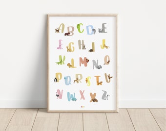 ABC Alphabet Poster für Kinder, Geschenk zur Einschulung mit Buchstaben und Tieren, Lernposter fürs Kinderzimmer, ohne Rahmen und Deko