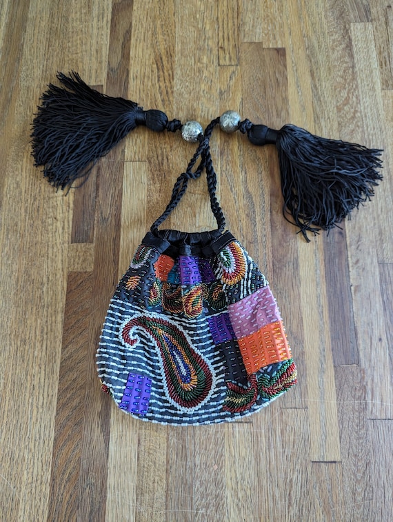 Colorful Beaded Paisley Pouch Style Handbag with B