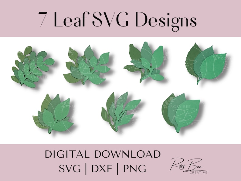 May include: Seven digital designs of green leaves in various shapes and sizes. The designs are perfect for crafting projects, scrapbooking, and more. The text "7 Leaf SVG Designs" is at the top of the image. The text "DIGITAL DOWNLOAD SVG | DXF | PNG" is at the bottom of the image.