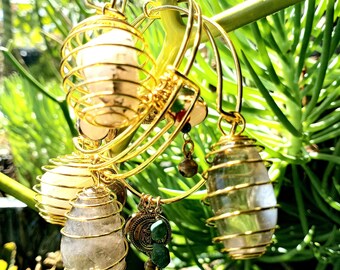 Rutilated Quartz Crystal Cage & Charms Bangle Bracelets- Expandable