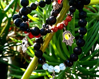 Aromatherapy Gemstone & Lava Stone Hamsa/ Fatima Protective Eye Diffuser Bracelet Silver