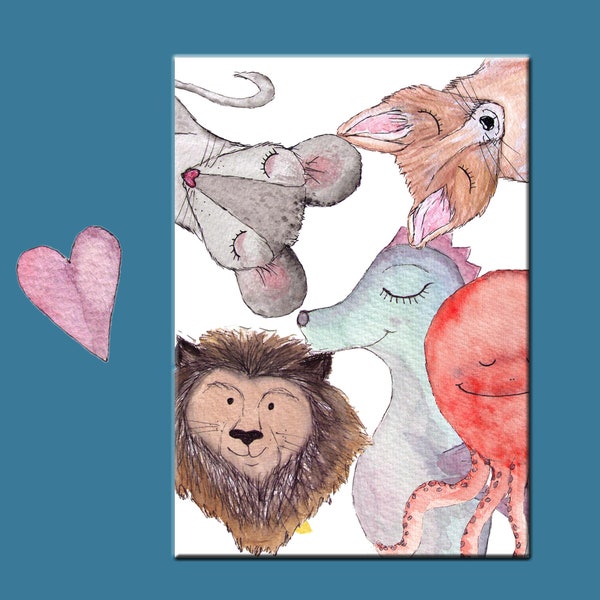 Postkarte für Kinder “Tiere”,  watercolor, Kindergeburtstag, einfach so, Mitbringsel, Geschenkidee, Illustration