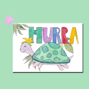Postkarte HURRA, Glückwunschkarte, Gratulation, Einschulung, Kindergarten, Lettering, Schildkröte, Geburtstag,