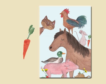 Postkarte Bauernhof, Bauernhoftiere, Farm, Landleben, Kindergarten, Geburtstag, Jungs, Mädchen, Ausflug, Einladung