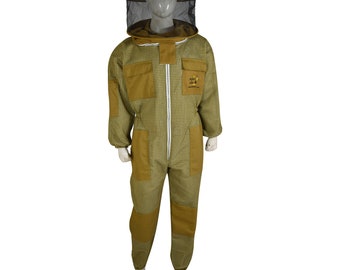 Beekeeping Ventilated Suit Three Layer Mesh Ultra Round Veil in Khaki Colour (1 X Free Gloves)