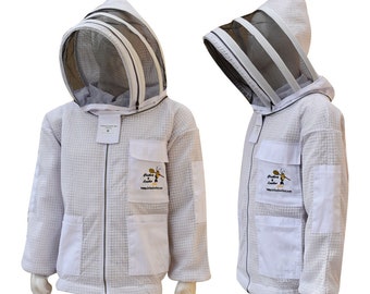 Veste en voile ultra-ventilée 3 couches pour l'apiculture avec fermeture éclair sur le visage en blanc (gants gratuits)