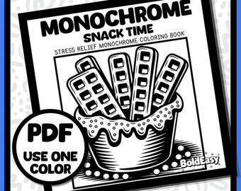 モノクロのスナックタイムぬりえブック PDF 30枚のワッフルとお菓子のページ 大胆で簡単