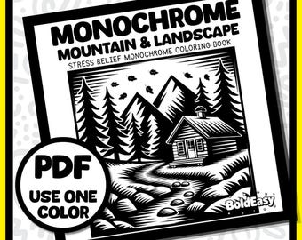 モノクロの山岳風景塗り絵ブック PDF 印刷可能 大胆で簡単な自然風景塗り絵ページ
