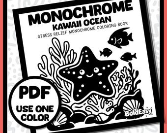 モノクロのかわいい海の塗り絵ブック PDF 30枚の印刷可能な海の生き物ページ 大胆で簡単