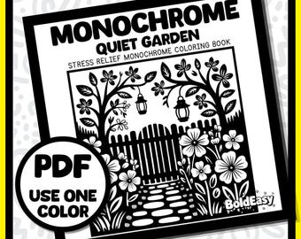 モノクロの静かな庭の塗り絵ブック PDF 30 枚の印刷可能な門と花の風景ページ 大胆で簡単