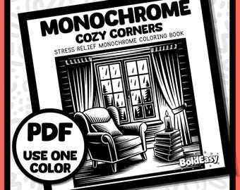 モノクロームの居心地の良いコーナーぬりえブックPDF 30枚の印刷可能な大胆で簡単なインテリアコーナーページ