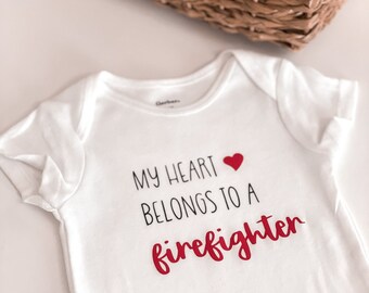 Firefighter Onesie® | Firefighter Baby Gift | My Heart Belongs to a Firefighter Baby Onesie® | Firefighter Pregnancy Announcement |