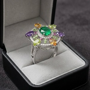 925er Silberring mit Smaragd, Peridot, Citrin und Rubin im Cluster-Design, flacher Diamantschliff, Art-déco-Edelsteinschmuck, einzigartiges Statement-Ring