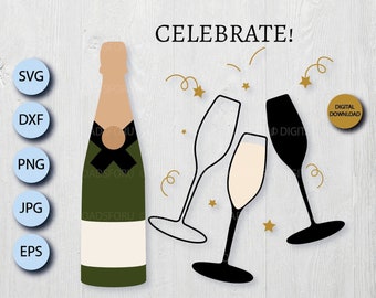 Champagne bottle SVG, champagne glasses svg, cheers toast, champagne flute, new year clipart, Instant download, congratulations png