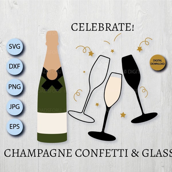 Champagne bottle SVG, champagne glasses svg, cheers toast, champagne flute, new year clipart, Instant download, congratulations png