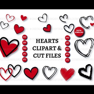 May include: A set of 10 red and black heart clip art and cut files. The hearts are in various styles, including simple, double, and outlined. The text "HEARTS CLIPART & CUT FILES" is written in black letters on a white background.