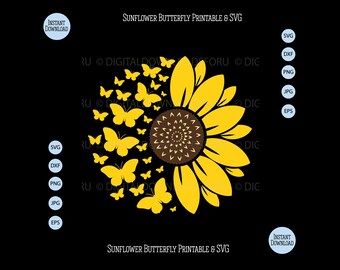 Papillon tournesol SVG, Tournesol avec papillon SVG, clipart tournesol, Usage commercial, print design, sublimation, Cricut, Silhouette