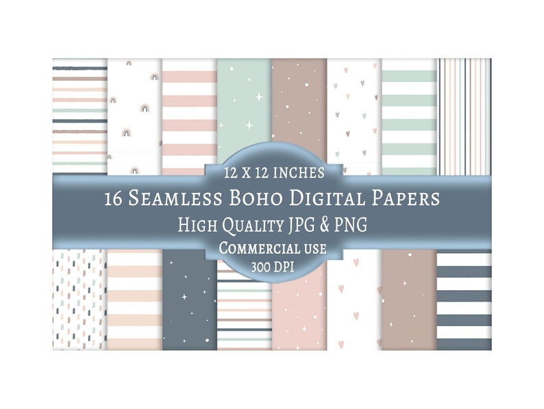 May include: Sixteen seamless boho digital papers in various patterns, including stripes, stars, and hearts. The papers are 30.48 x 30.48 cm and are high quality JPG and PNG files. The image text says "Commercial Use" and "300 DPI".