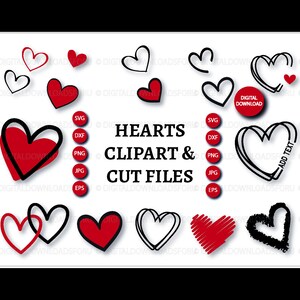 K&ouml;nnte beinhalten: Ein Set mit 10 herzf&ouml;rmigen Clipart- und Schnittdateien in Rot und Schwarz. Die Dateien sind in den Formaten SVG, DXF, PNG, JPG und EPS verf&uuml;gbar. Der Text "HEARTS CLIPART & CUT FILES" ist in Schwarz auf wei&szlig;em Hintergrund geschrieben.