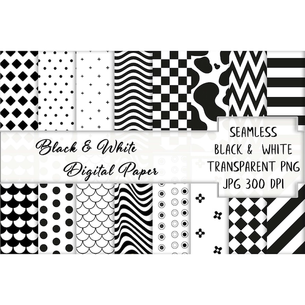 Black & White Digital Paper, Geometric Patterns, Cow Print, Digital Papers, Scrapbooking Paper, Mermaid Scales, Digital Download, Wavy lines