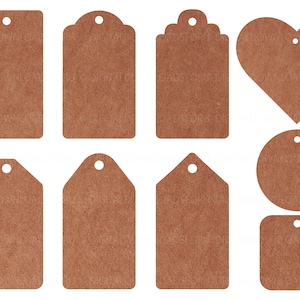May include: Set of nine brown paper gift tags in various shapes, including rectangle, circle, heart, and a tag with a scalloped edge. The tags have a hole punched at the top for string or ribbon.