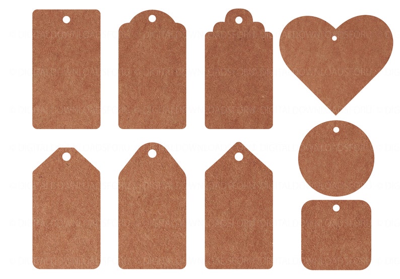 May include: Set of nine brown paper gift tags in various shapes, including rectangle, circle, heart, and a tag with a scalloped edge. The tags have a hole punched at the top for string or ribbon.