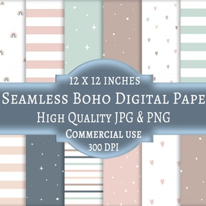 May include: Sixteen seamless boho digital papers, each 30.48 x 30.48 cm, featuring diverse patterns and colours. Designs include stripes, rainbows, stars, and hearts. High-quality JPG and PNG files, suitable for commercial use. The image text reads: 12 x 12 inches.