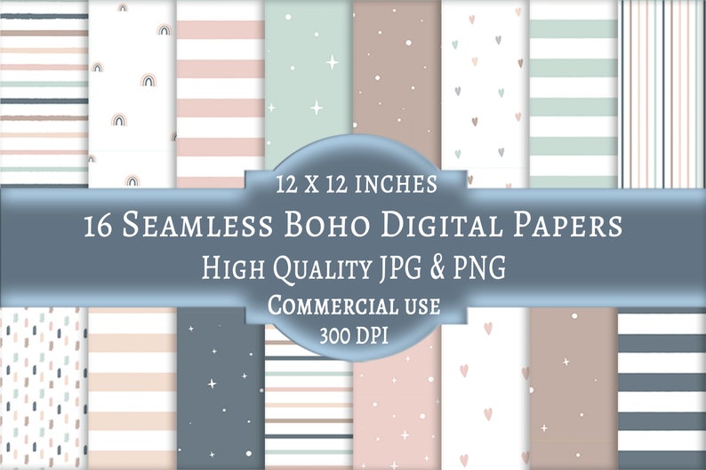May include: Sixteen seamless boho digital papers, each 30.48 x 30.48 cm, featuring diverse patterns and colours. Designs include stripes, rainbows, stars, and hearts. High-quality JPG and PNG files, suitable for commercial use. The image text reads: 12 x 12 inches.