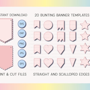 Könnte beinhalten: Zwanzig druckbare Girlandenbanner-Vorlagen mit geraden und gewellten Kanten. Die Vorlagen sind rosa mit weißen Umrissen und Löchern für die Schnur. Die enthaltenen Dateitypen sind SVG, DXF, PNG, JPG und EPS.