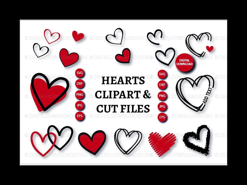 K&ouml;nnte beinhalten: Ein Set mit 10 roten und schwarzen Herz-Clipart- und Schnittdateien. Die Herzen sind in verschiedenen Stilen, darunter einfach, doppelt und umrandet. Der Text "HEARTS CLIPART & CUT FILES" ist in schwarzen Buchstaben auf wei&szlig;em Hintergrund geschrieben.