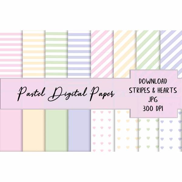 Pastel lines, pastel hearts, Pastel digital paper, baby shower, scrapbook papers, invitation, background, wallpaper, commercial use, pastel